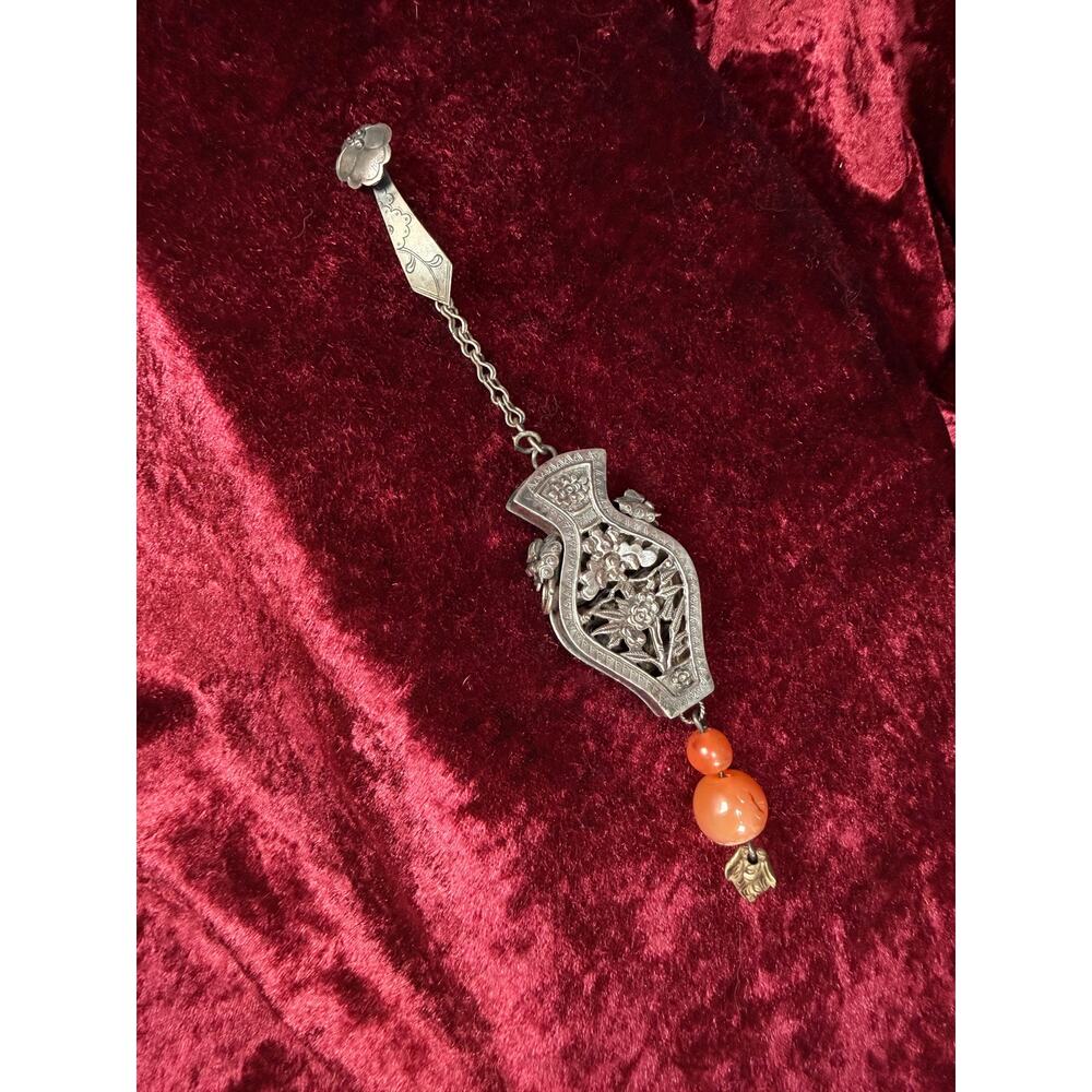 Antique Silver Needle Case Pendant Chatelaine Carnelian Bead Late Qing Dynasty - Picture 4 of 15
